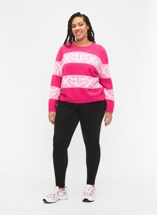 Striped knit sweater with graphic pattern, Raspberry Rose Comb, Model image number 2
