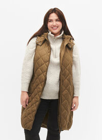 Long quilted vest with zipper and pockets, Bungee Cord , Model