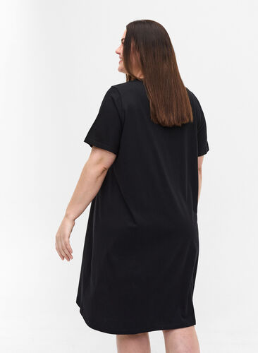 Short-sleeved cotton night dress, Black w. White HEART, Model image number 1