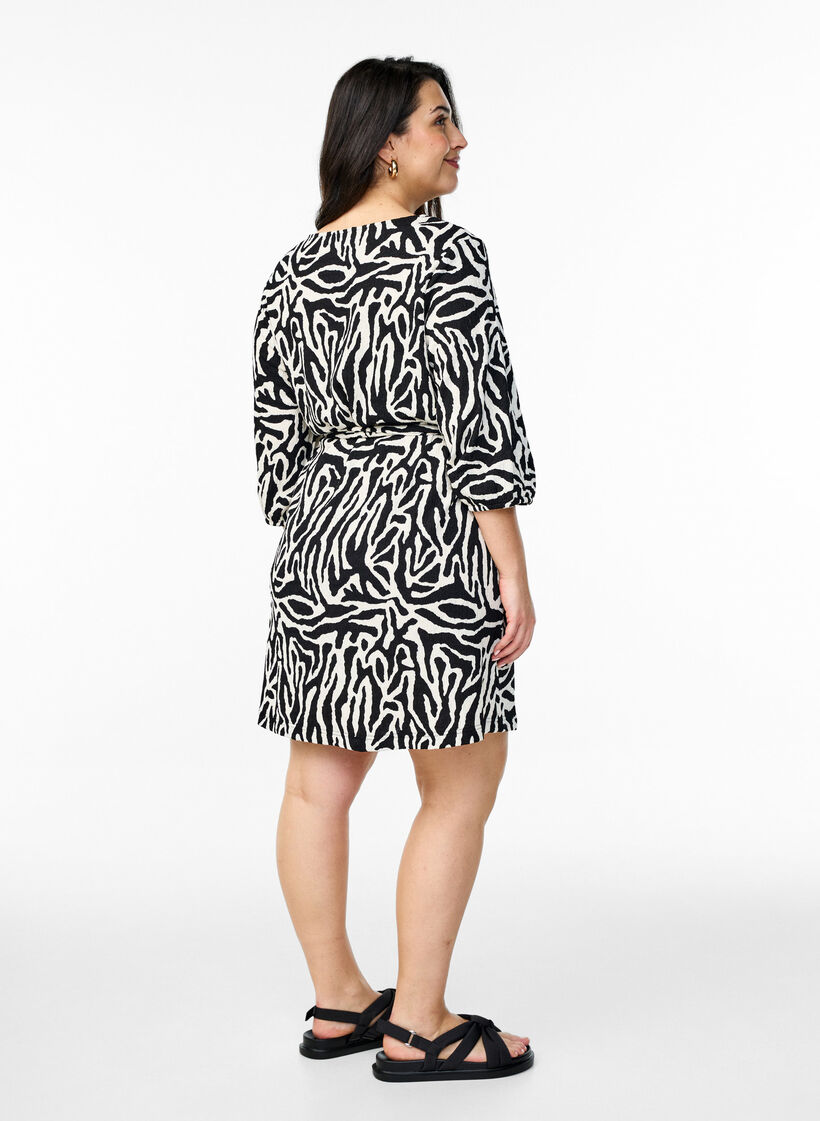 Short dress with 3/4 sleeves and zebra print, Black, Model image number 2