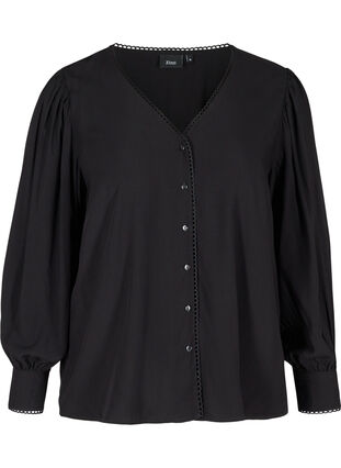 Viscose blouse with buttons and balloon sleeves, Black, Packshot image number 0