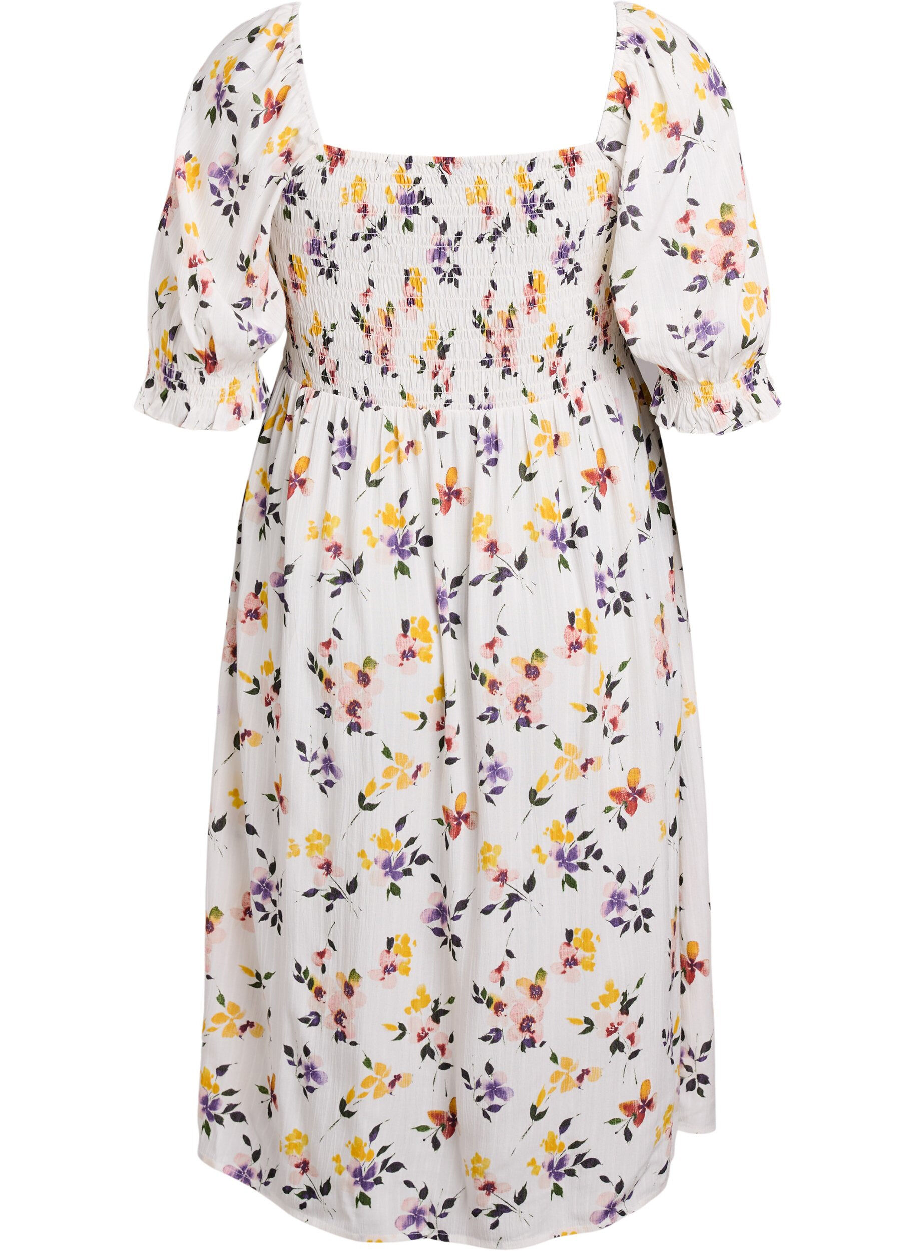 ZizzifashionFloral viscose midi dress with smock, White, Packshot image number 1