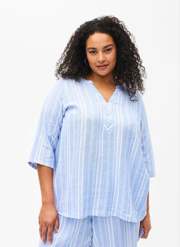 Striped blouse in linen-viscose blend, Serenity Wh.Stripe, Model image number 0