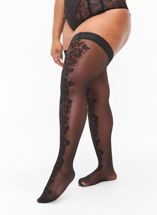 	 Hold-up stockings in 30 denier with lace, Black, Model image number 2