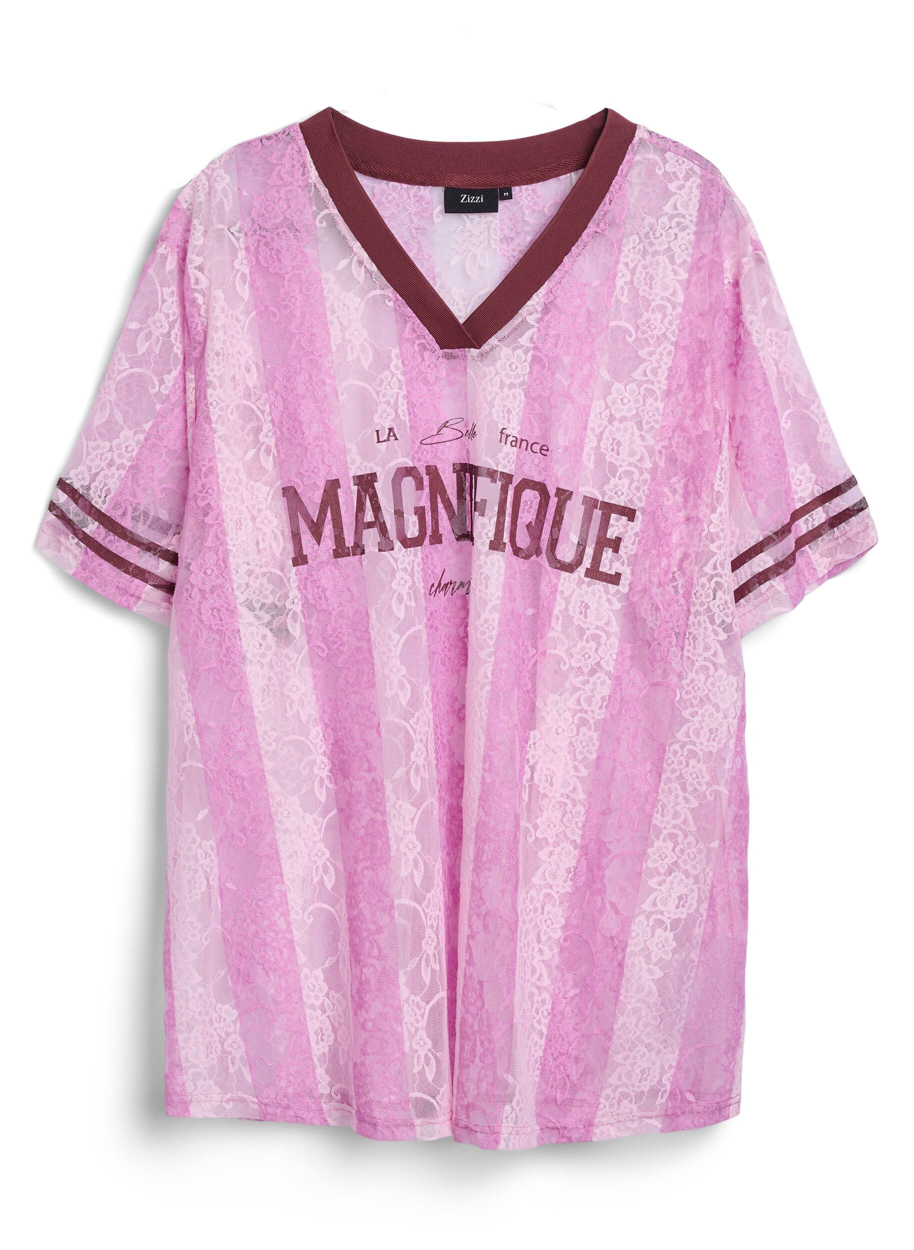 Zizzifashion Striped lace blouse with statement print, Rose, Packshot image number 0