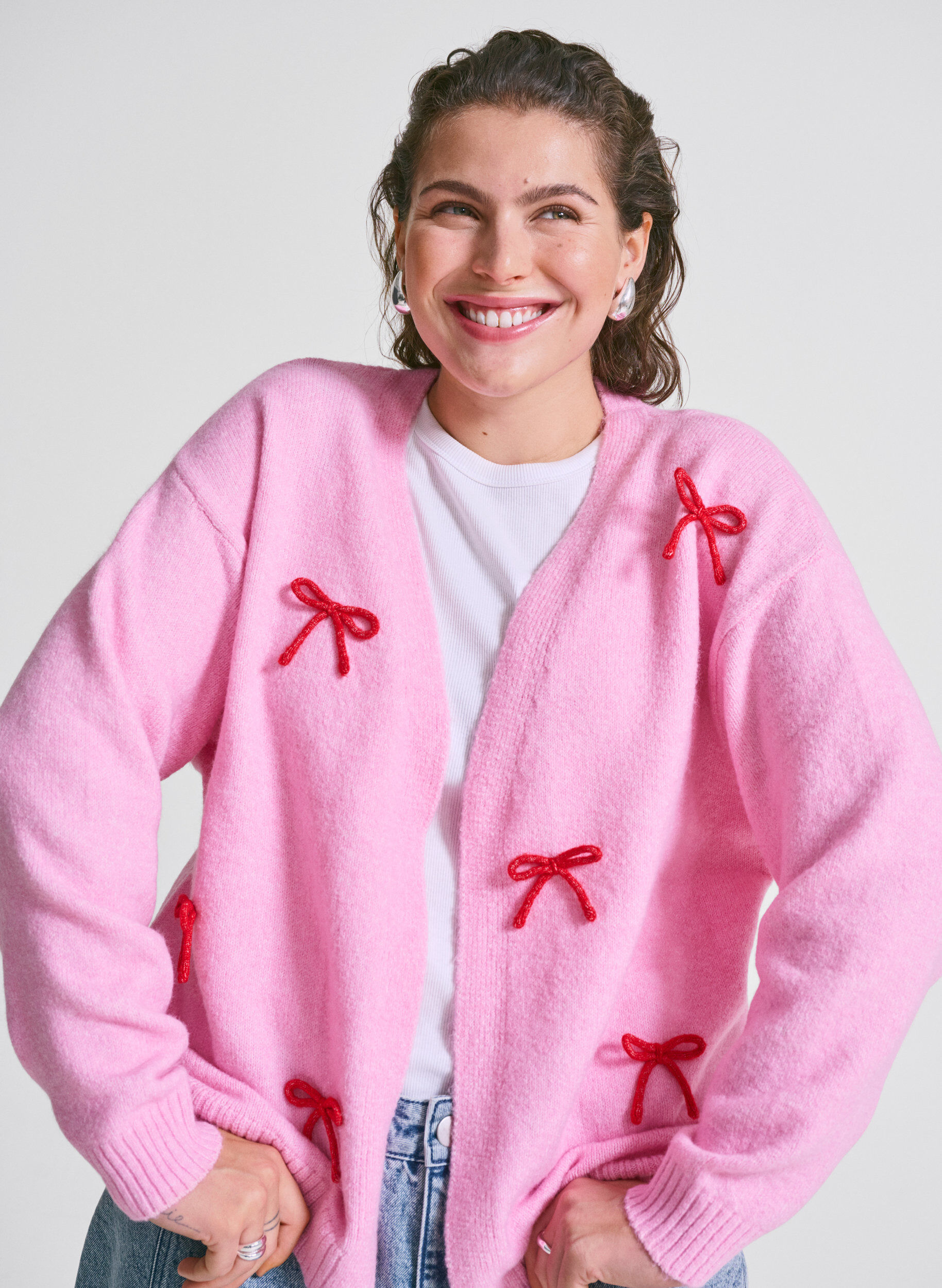 Zizzifashion Short knitted cardigan with bows, Begonia Pink Comb, Image image number 0