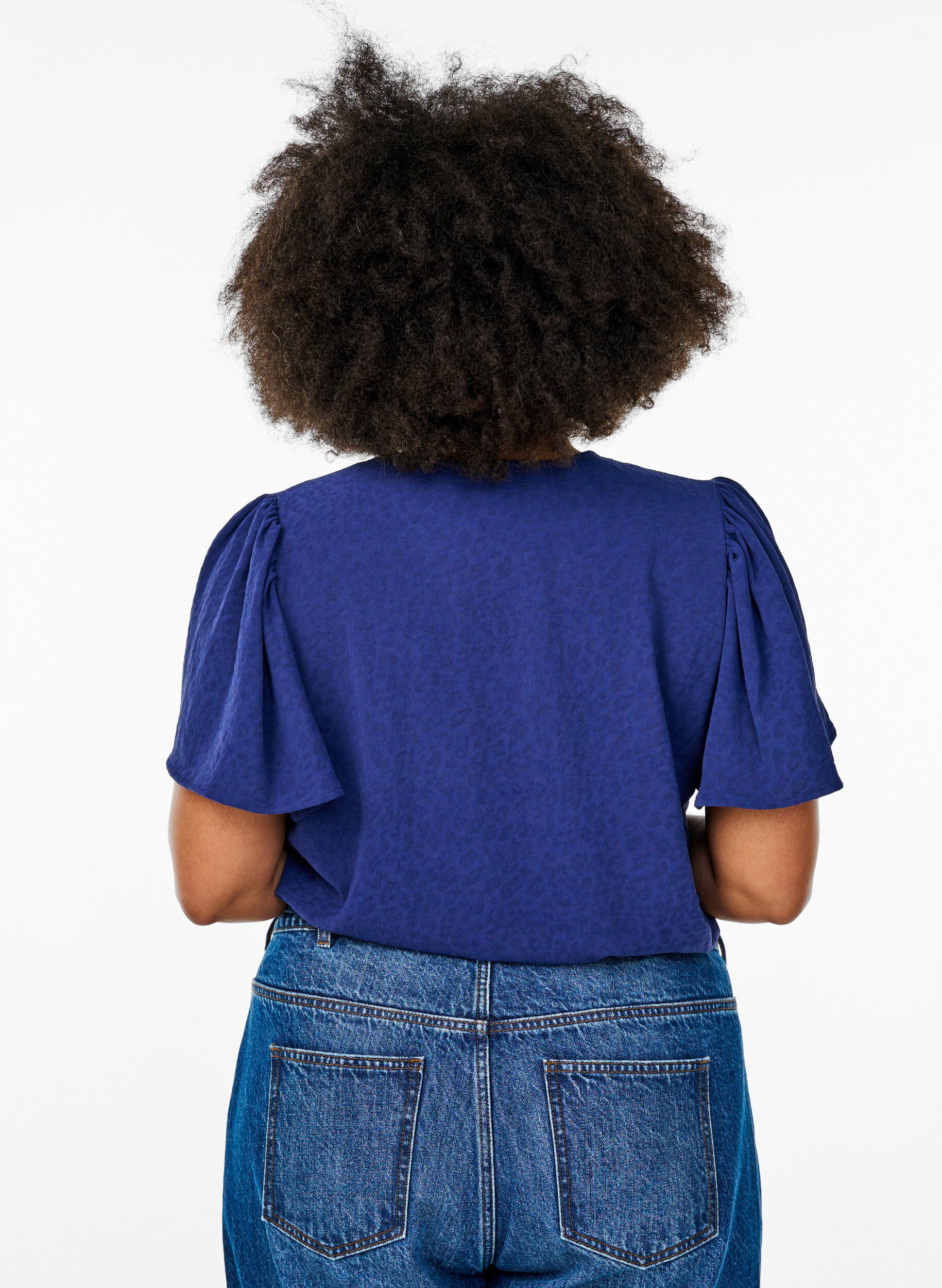 Zizzifashion Blouse with short ruffle sleeves and V-neck, Blue, Model image number 2