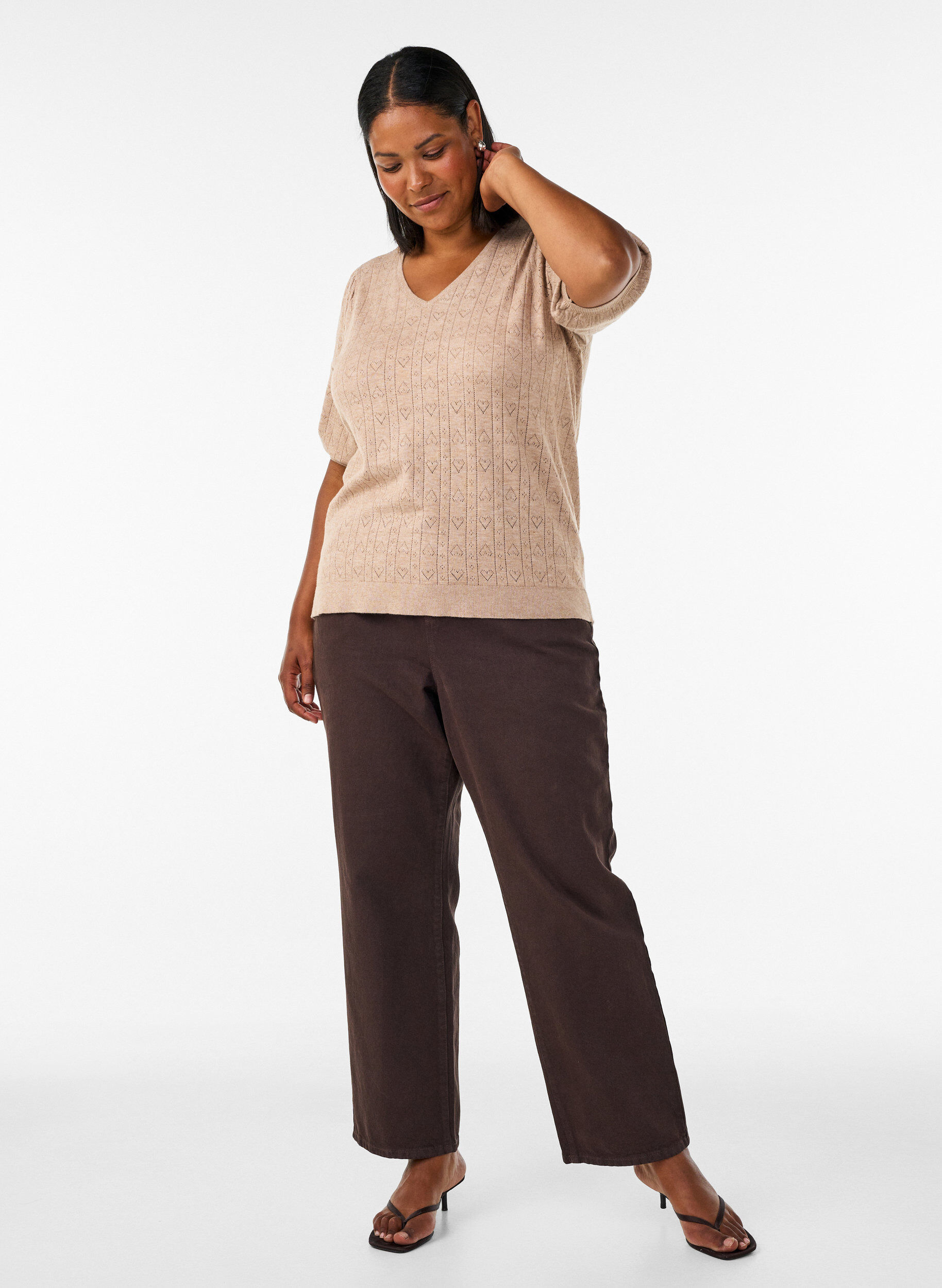 ZizzifashionShort-sleeved knit blouse with a pointelle pattern, Beige, Model image number 1