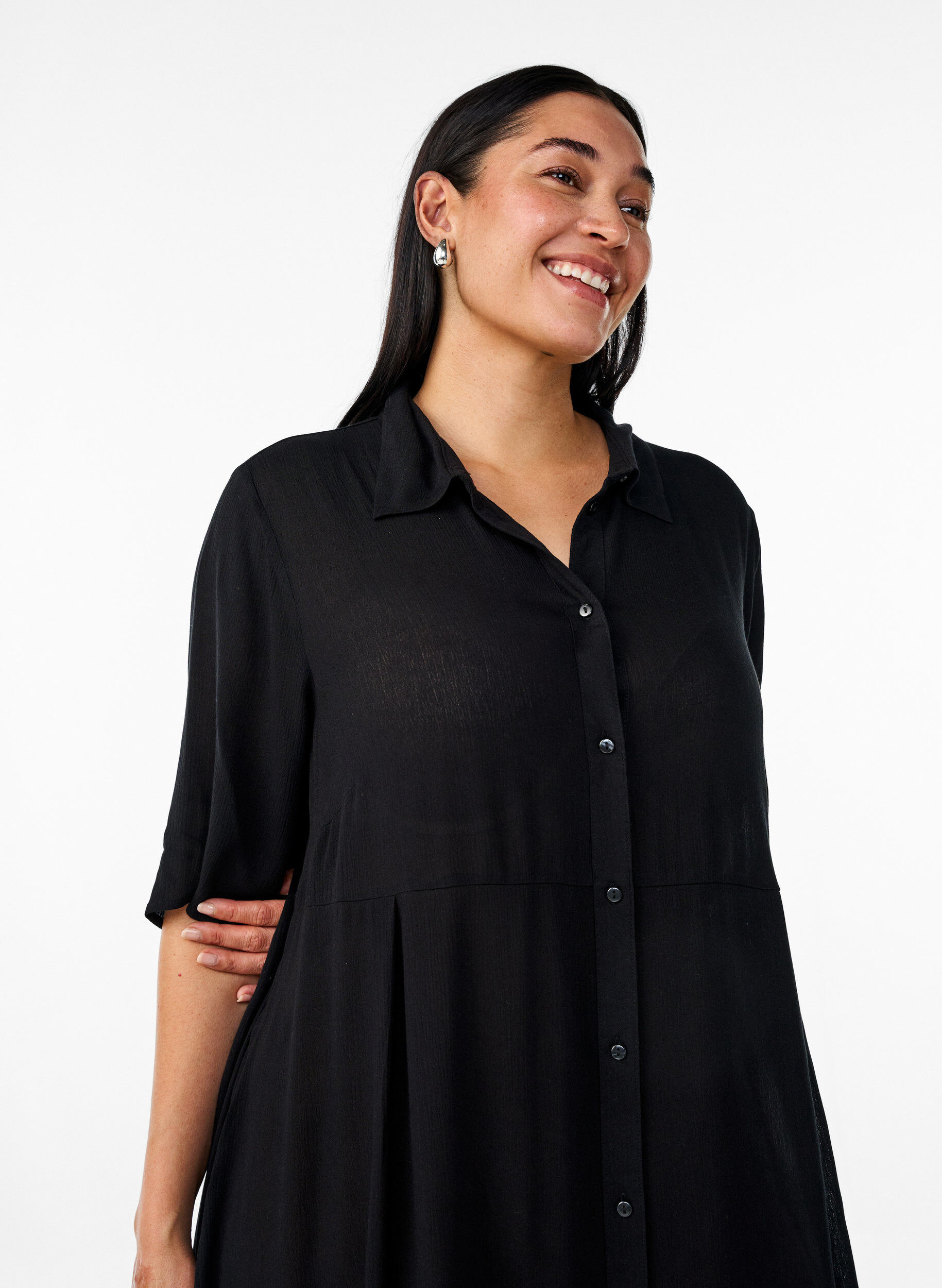 ZizzifashionMidi shirt dress with short sleeves, Black, Model image number 2
