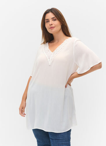 Short-sleeved viscose tunic with lace details, Off White, Model image number 0