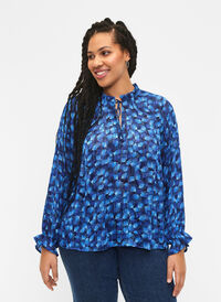 Long sleeve blouse with ruffles and print, Navy Blazer Leaf AOP, Model