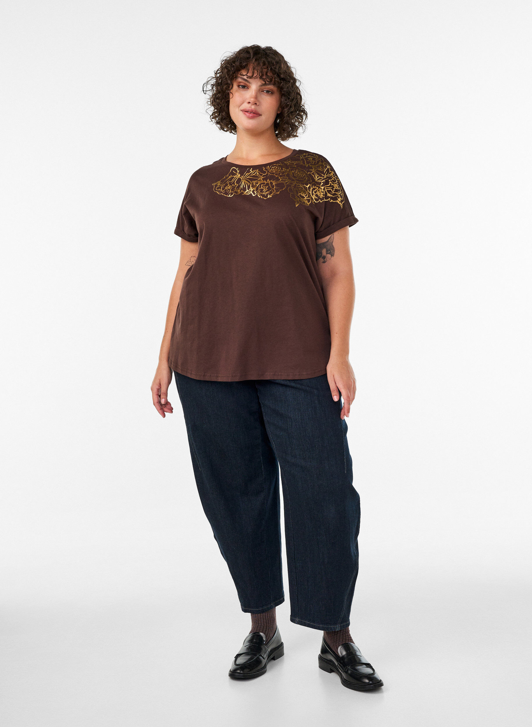 ZizzifashionCotton T-shirt with floral print, Brown, Model image number 1