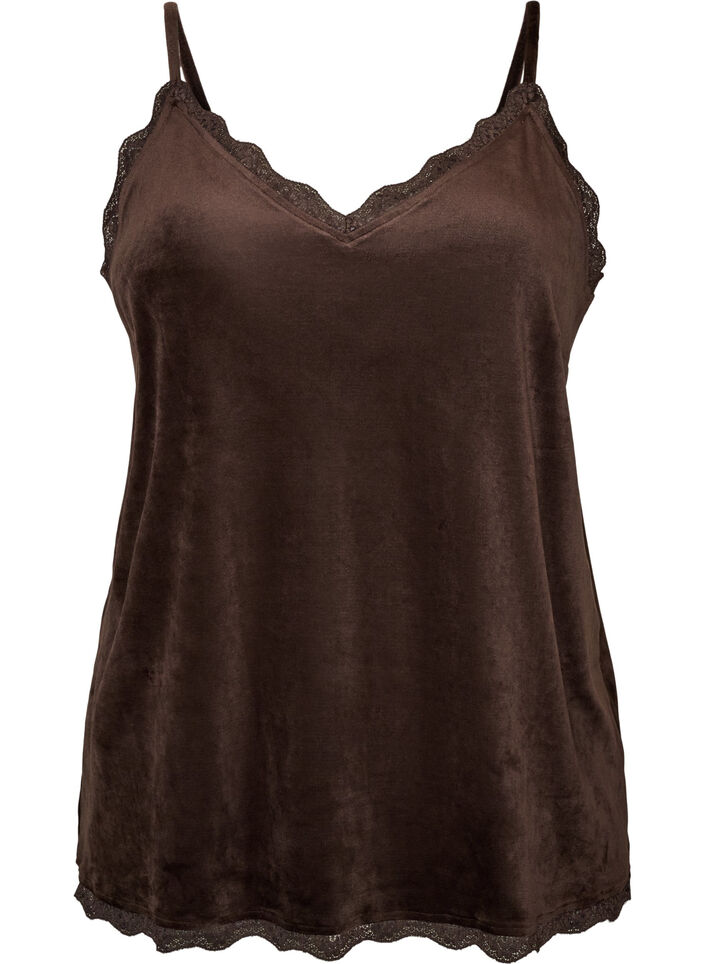 Velour top with lace trim, Brown, Packshot image number 0