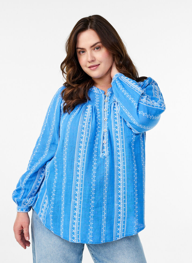 Blouse with embroidered pattern, Blue, Model image number 0