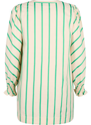 Striped tunic in cotton with smock and ruffles, Beige Green Stripe, Packshot image number 1