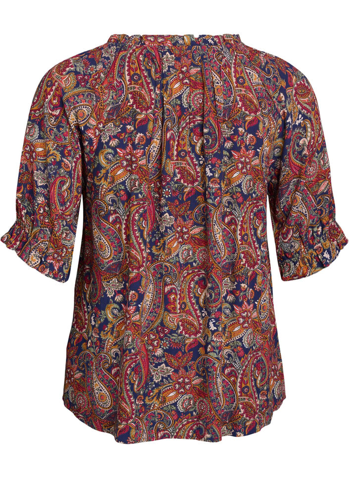 Viscose blouse with paisley print and elbow length sleeves, Blue, Packshot image number 1