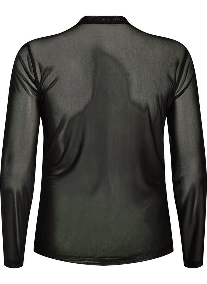 Fitted mesh blouse with long sleeves, Black, Packshot image number 1