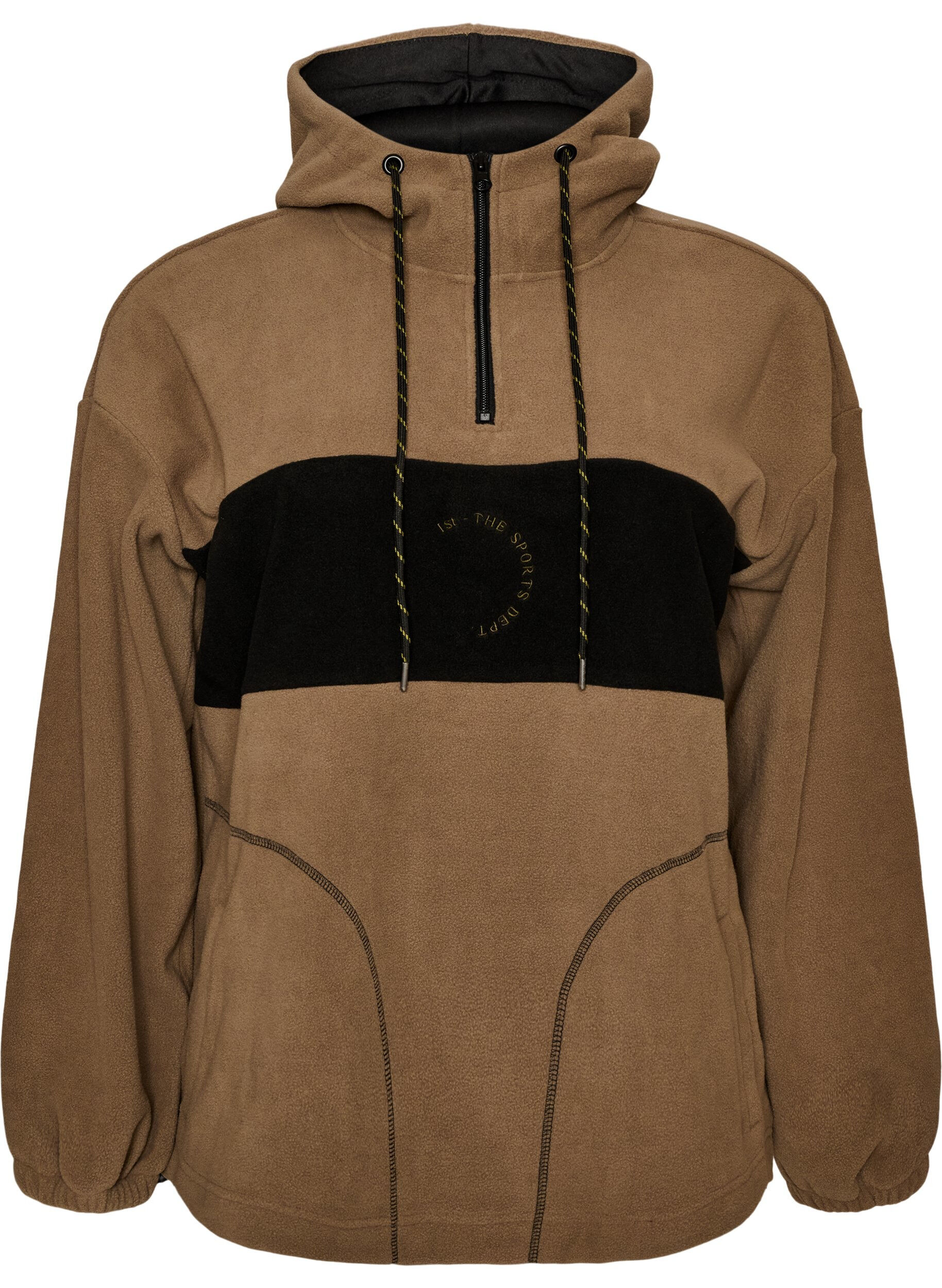 Fleece anorak with hood and contrast panel