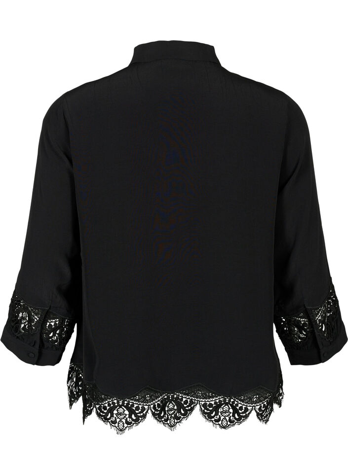 Viscose shirt with 3/4 sleeves and embroidery details, Black, Packshot image number 1