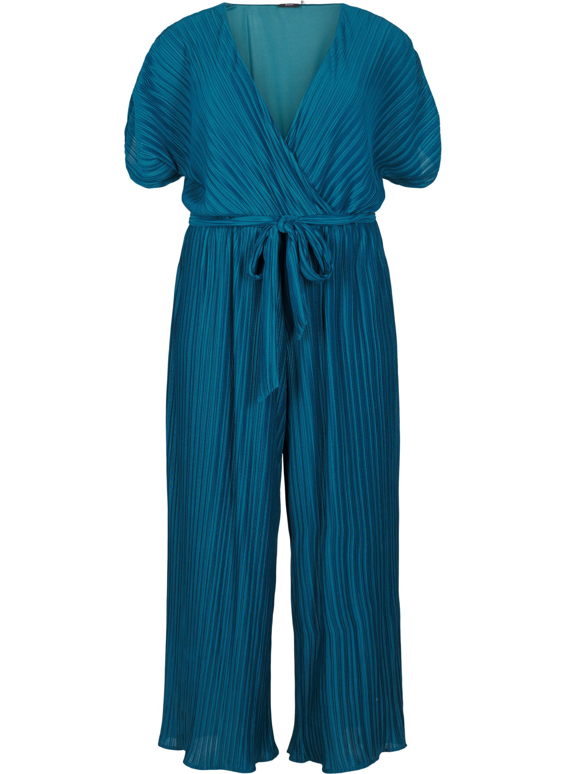 Pleated jumpsuit with tie and wide sleeves