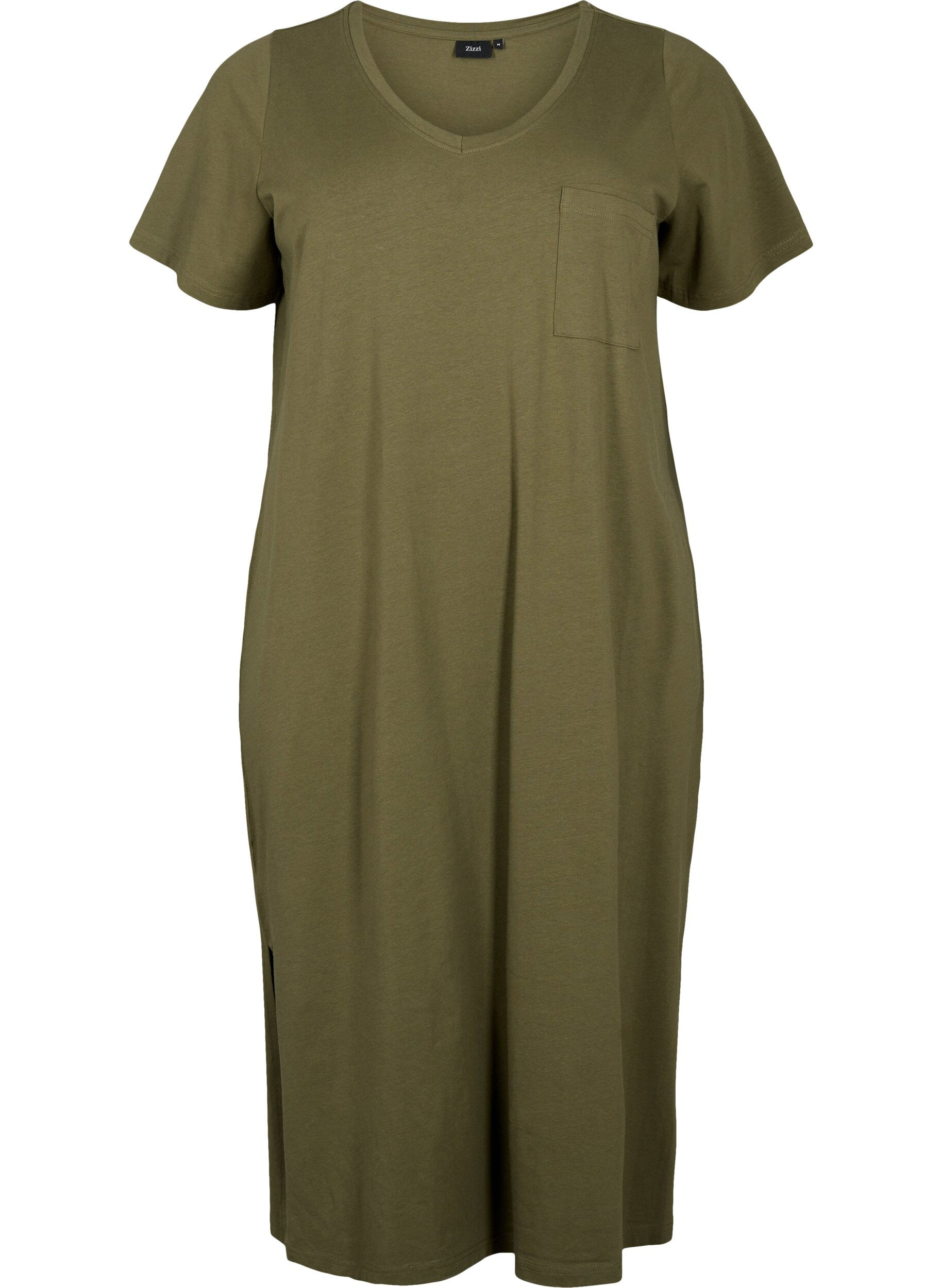 Zizzifashion Short sleeve cotton dress with slit, Ivy Green, Packshot image number 0