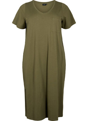 Short sleeve cotton dress with slit, Ivy Green, Packshot image number 0