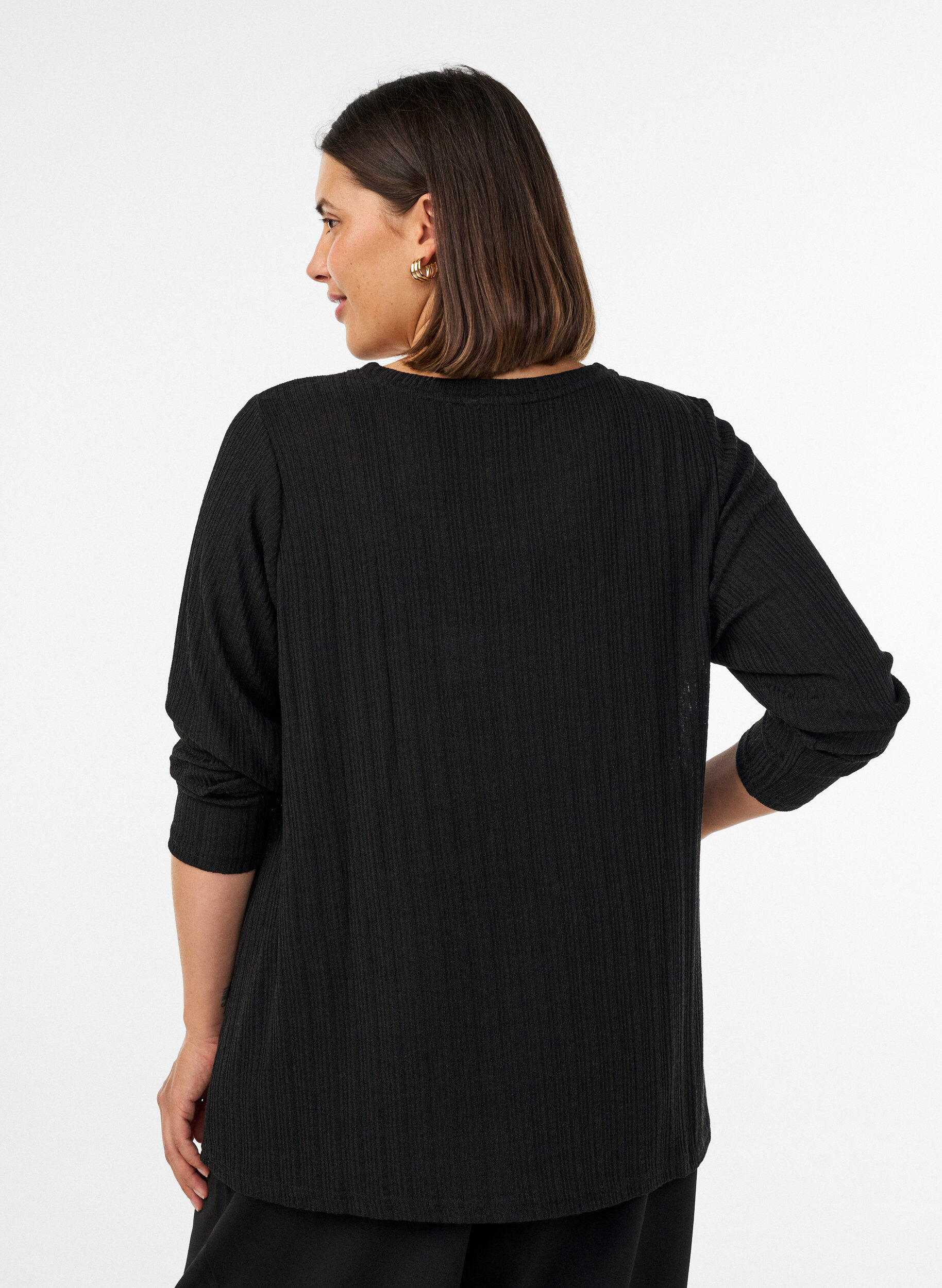 ZizzifashionJersey blouse with ribbed structure and long sleeves, Black, Model image number 2