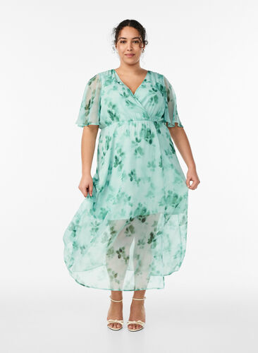 Long chiffon dress with floral print and short sleeves - Green - Sz. 40-64 - Zizzifashion Long chiffon dress with floral print and short sleeves - Green - Sz. 40-64 - Zizzifashion
