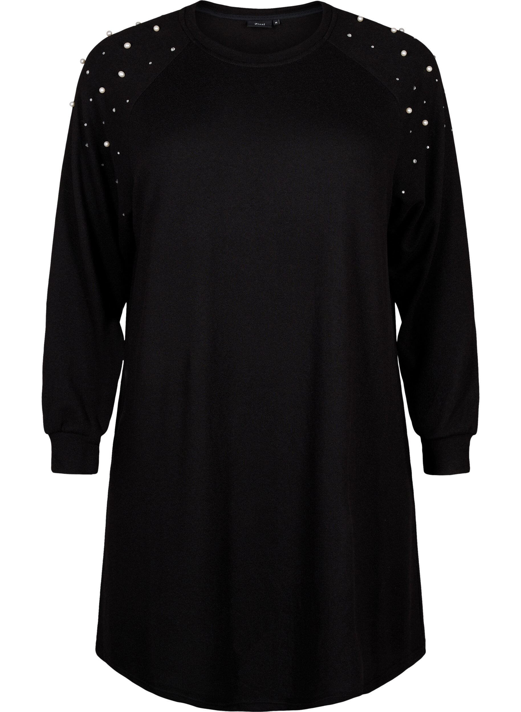 Zizzifashion Long-sleeved dress with pearls, Black, Packshot image number 0