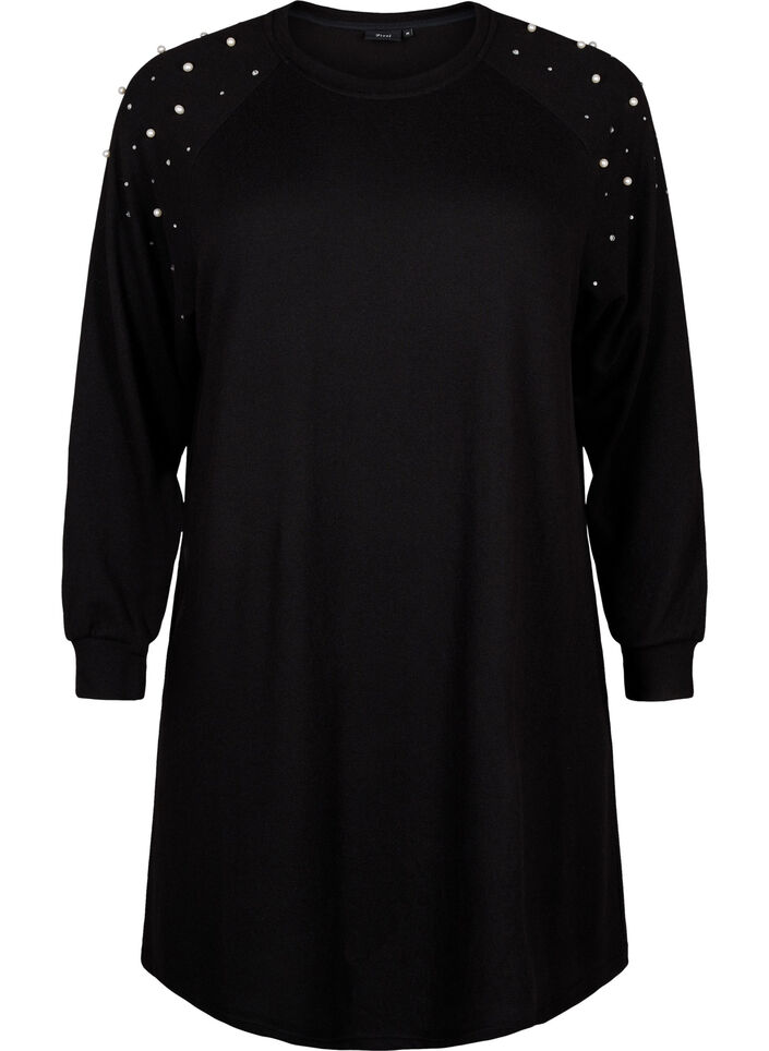 Long-sleeved dress with pearls, Black, Packshot image number 0