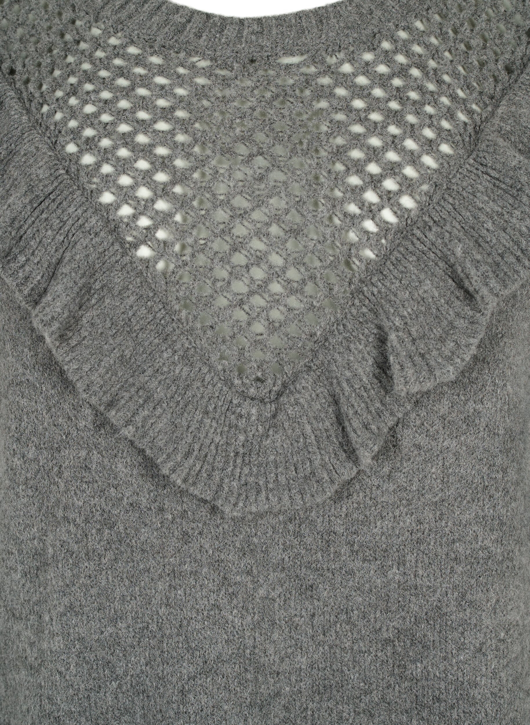 Zizzifashion Knitted wool sweater with ruffle detail, Dark Grey Melange, Packshot image number 2