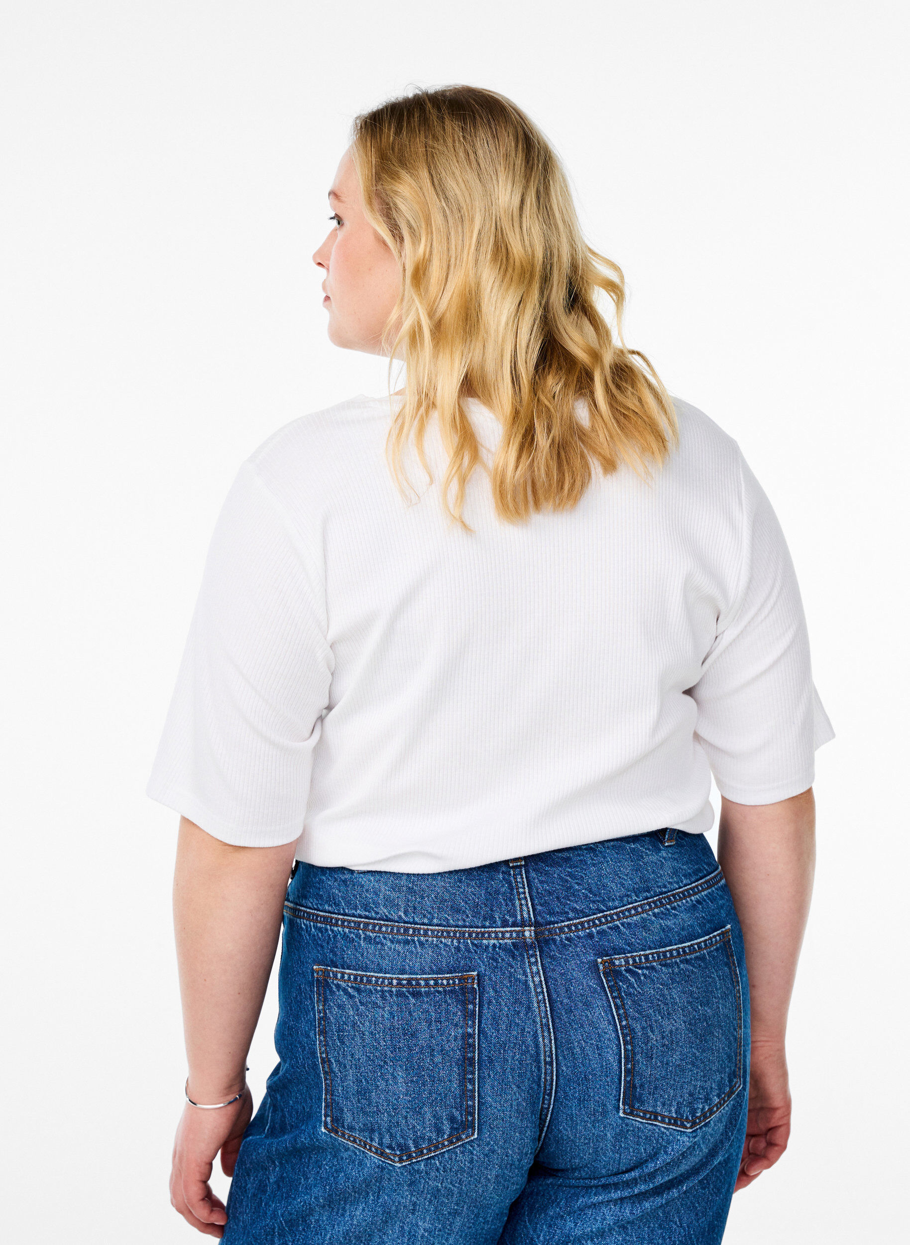 Zizzifashion Ribbed jersey blouse with short sleeves, White, Model image number 2