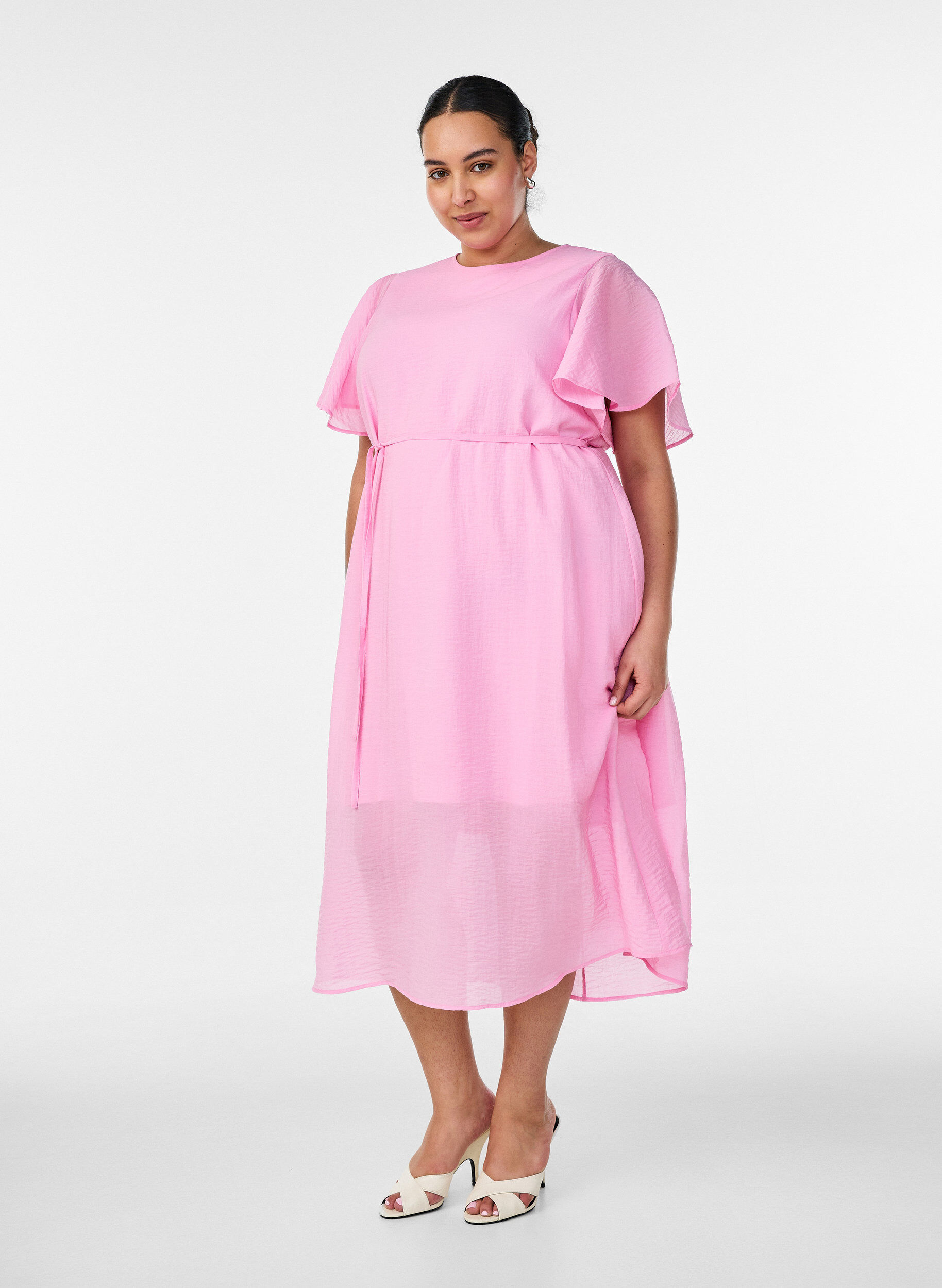 Ankle-length dress with flutter sleeves and tie-waist, Pink, Model