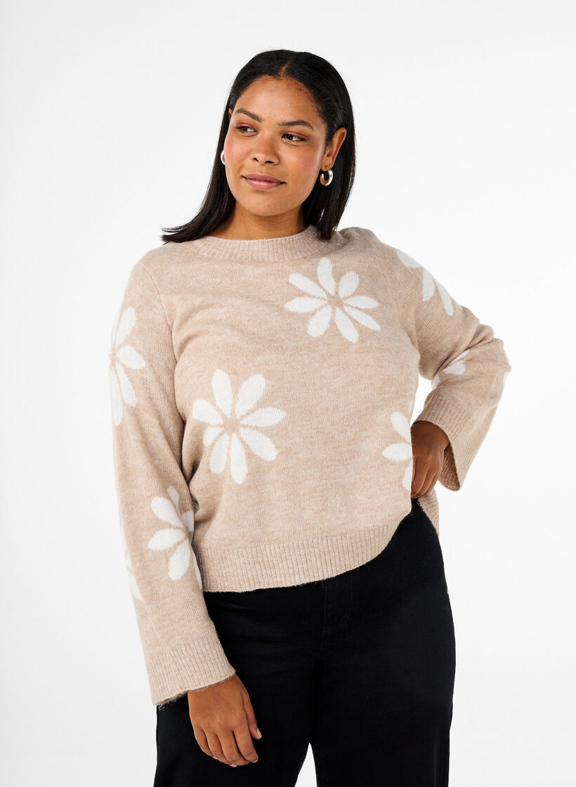 Knitted blouse with flowers, Simply Taupe Comb, Model image number 0