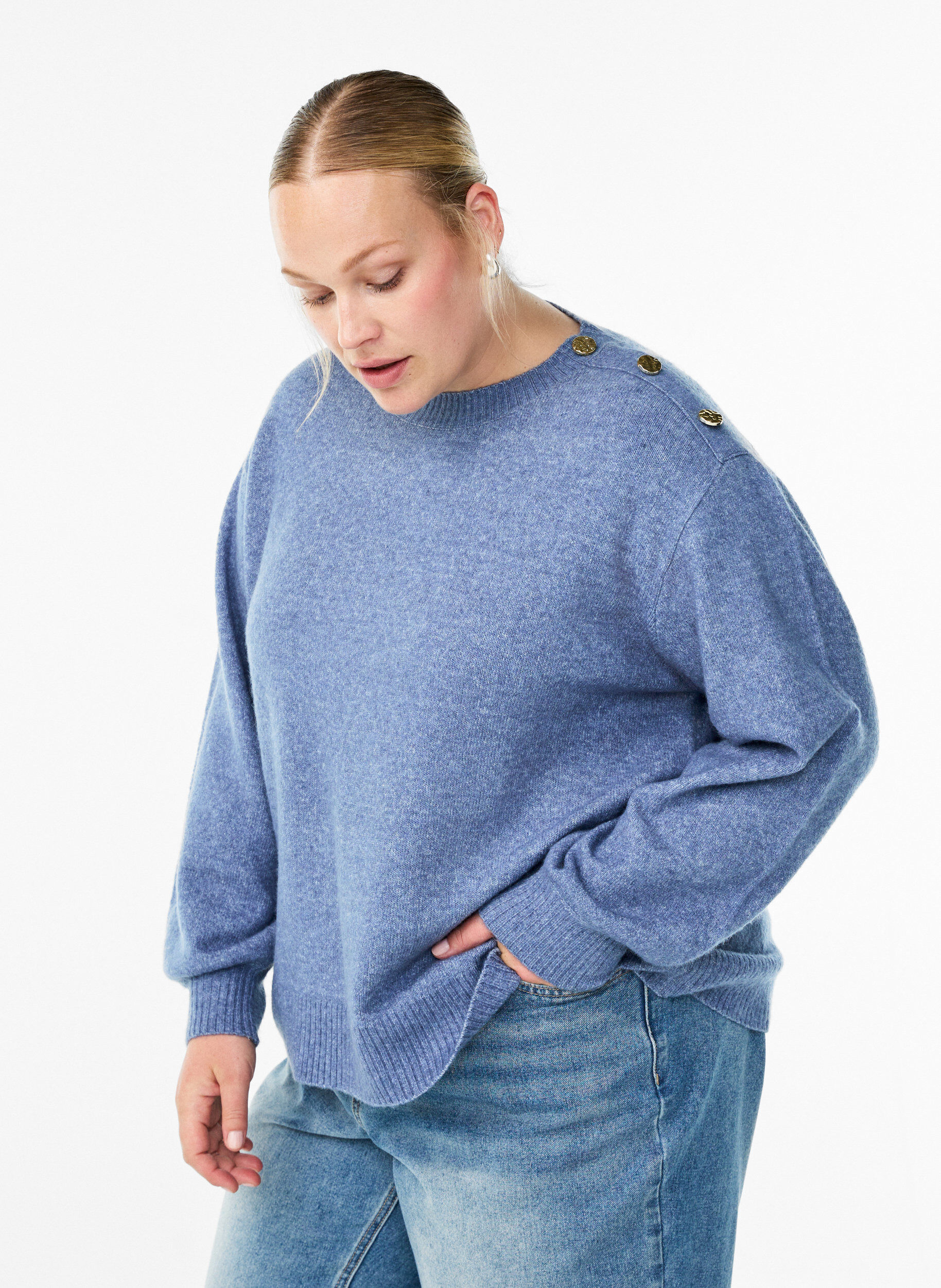 ZizzifashionKnit blouse with button detail, Blue, Model image number 0