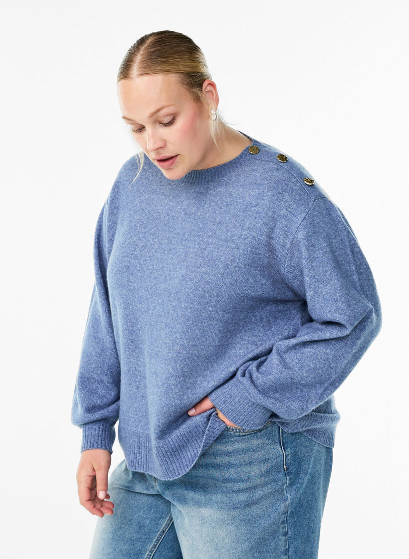 Knit blouse with button detail, Blue, Model image number 0