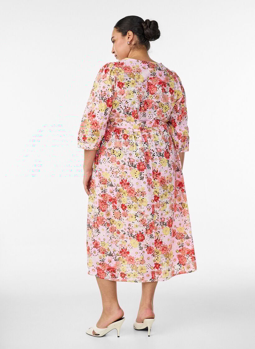 Floral midi dress with broderie anglaise and a tie-belt, Rose, Model image number 1