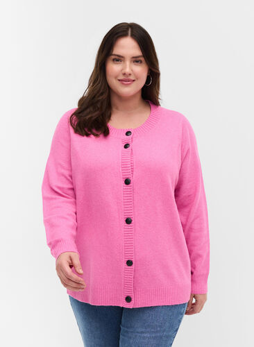 Short knitted cardigan with contrast-colour buttons, Wild Orchid Mel., Model image number 0