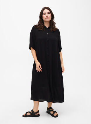 Viscose shirt dress with short sleeves - Black - Sz. 40-64 - Zizzifashion Viscose shirt dress with short sleeves - Black - Sz. 40-64 - Zizzifashion