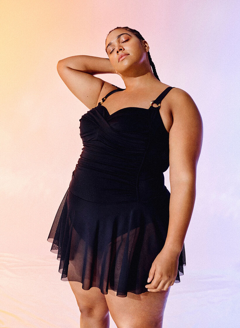 Swim dress with draping and skirt, Black, Image