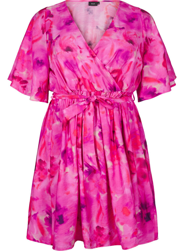 Knee-length dress with floral print and wrap look, Pink Rose AOP, Packshot image number 0