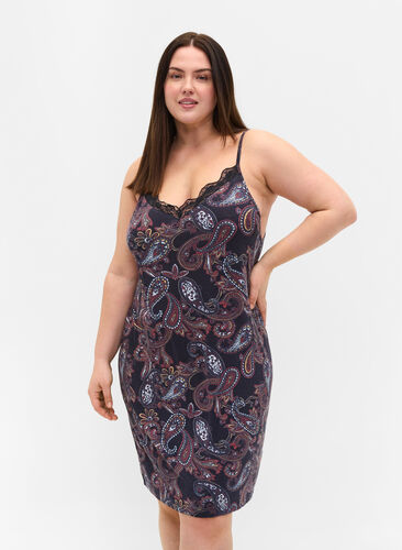 Printed viscose night dress with lace detail, PAISLEY PRINT, Model image number 0