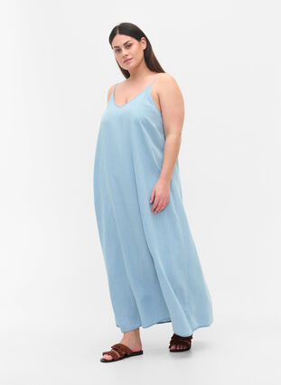Long denim dress with thin straps, Light blue denim, Model image number 0