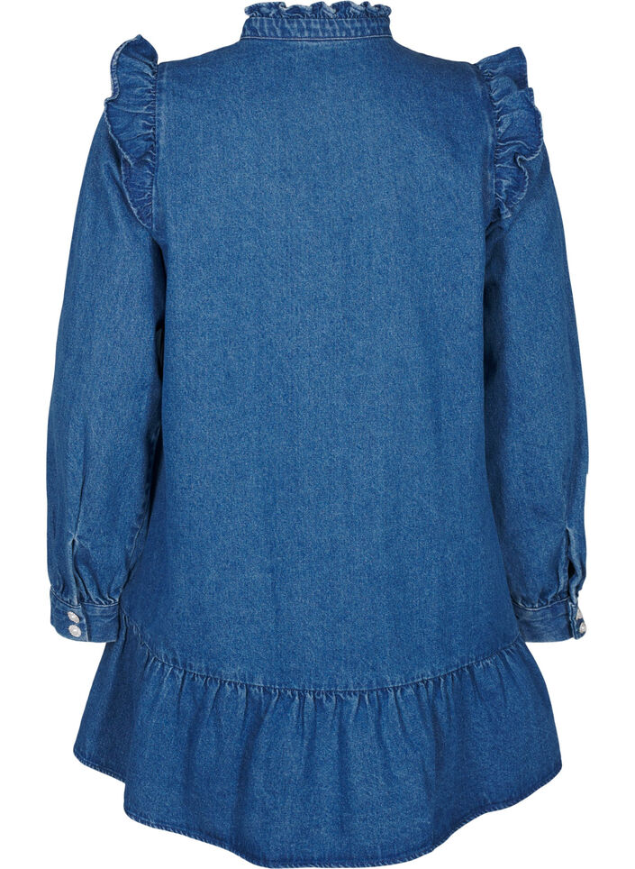 Denim dress with ruffles and A-cut, Blue Denim, Packshot image number 1