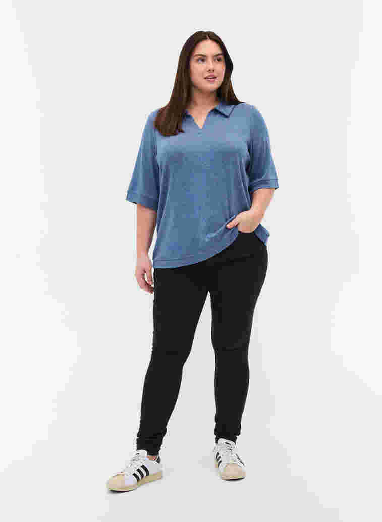 Marled blouse with collar and 2/4 sleeves, Blue Melange, Model image number 2
