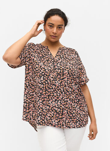 Printed blouse with short sleeves, Ditsy AOP, Model image number 0