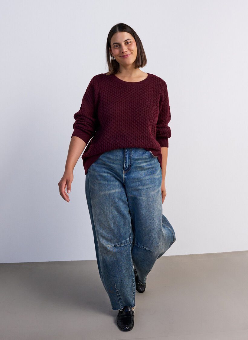 Knitted blouse with a textured openwork pattern, Red, Model image number 1