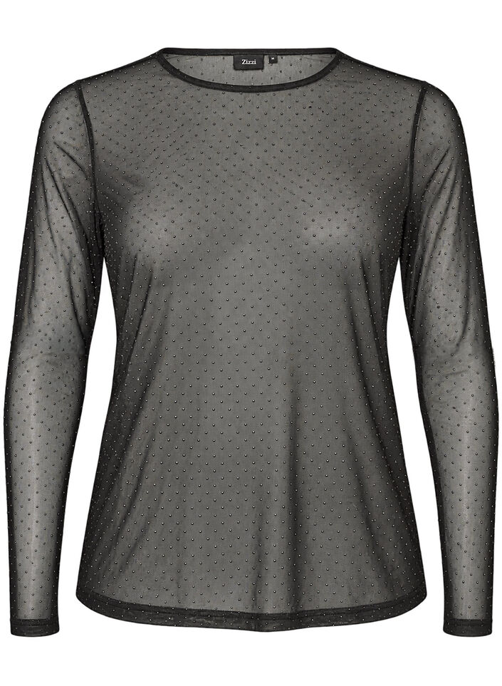 Sheer mesh blouse with rhinestones, Black, Packshot