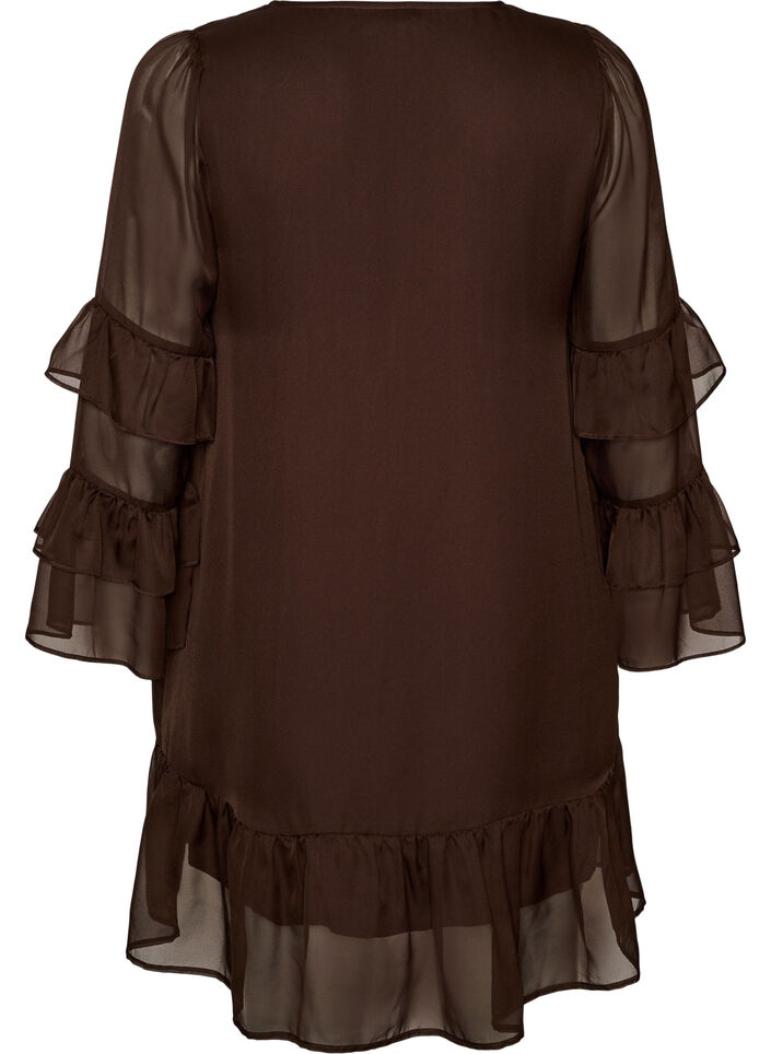 Short dress with sheer ruffle sleeves, Brown, Packshot image number 1