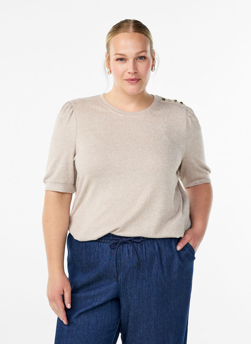 Blouse with button detail and short puff sleeves, Beige, Model image number 0